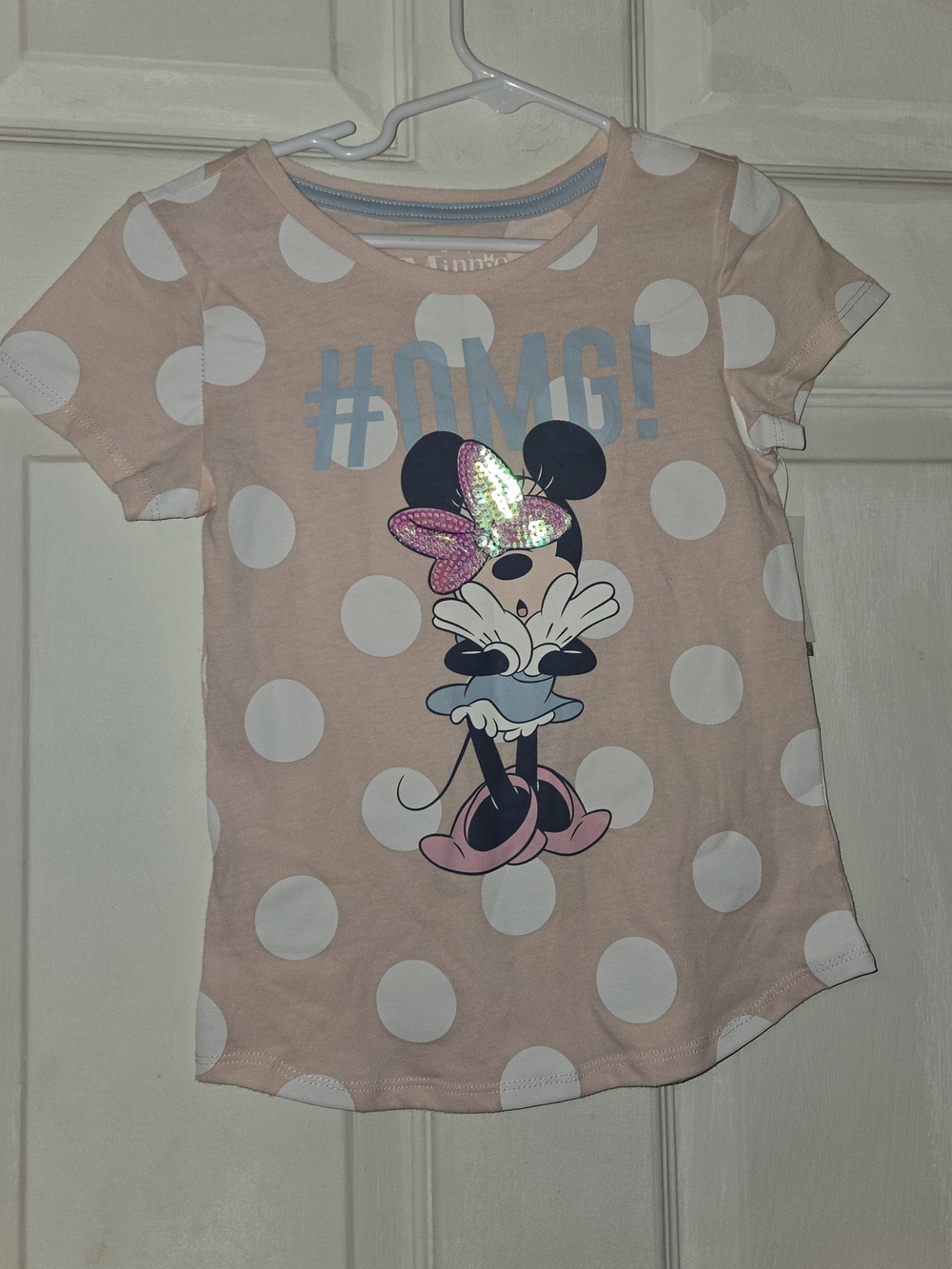 Disney Pink Polka Dot Minnie Mouse Tee with Holographic Bow SZ XS 4-5